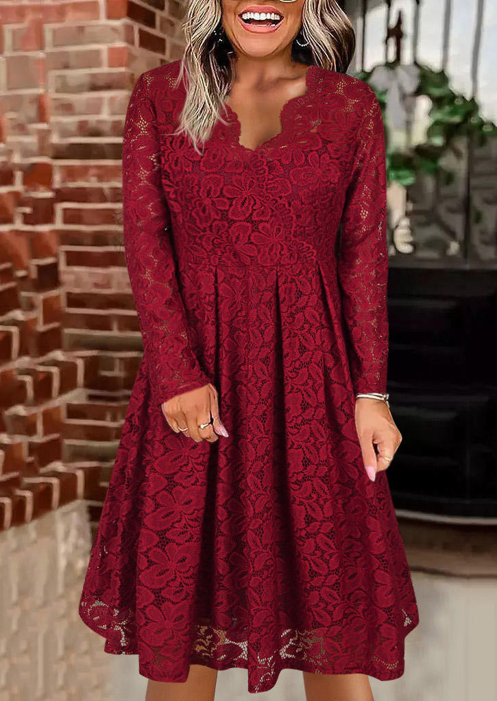 Lace Wrap Long Sleeve Mini Dress - Burgundy