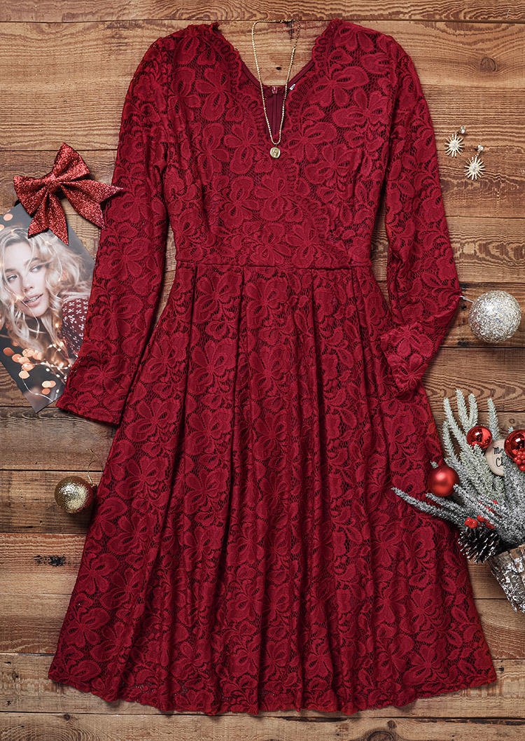 Lace Wrap Long Sleeve Mini Dress - Burgundy