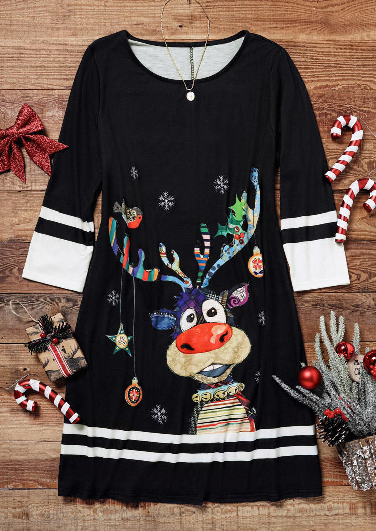 Christmas Reindeer Snowflake Striped Mini Dress - Black