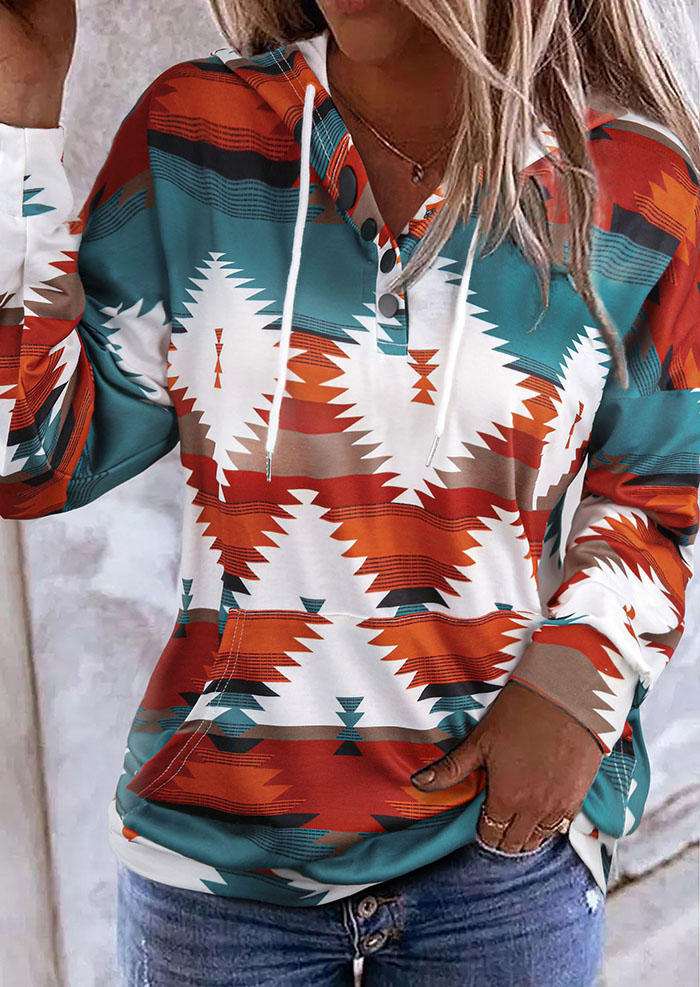 

Aztec Geometric Button Long Sleeve Hoodie, Multicolor, SCM008388