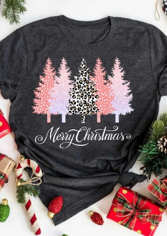 

Merry Christmas Polka Dot Leopard Tree T-Shirt Tee - Dark Grey, Gray, SCM008402