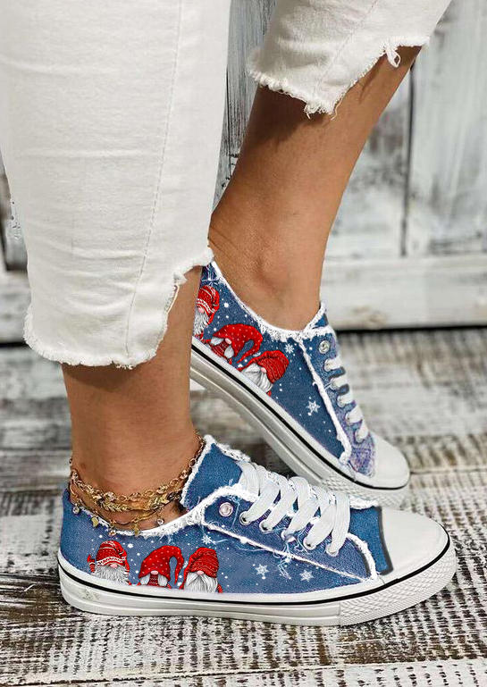 Christmas Gnomies Snowflake Lace Up Round Toe Flat Sneakers - Blue