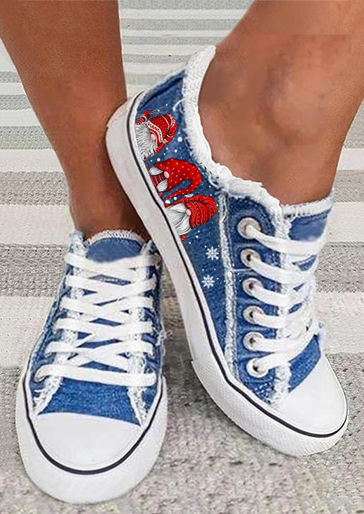 

Christmas Gnomies Snowflake Lace Up Round Toe Flat Sneakers - Blue, SCM008430