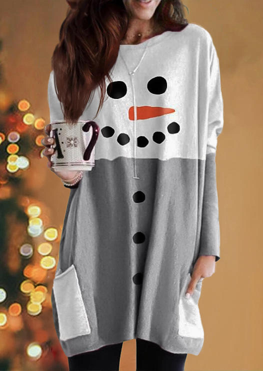 

Christmas Snowman Color Block Pocket Mini Dress - White, SCM008446