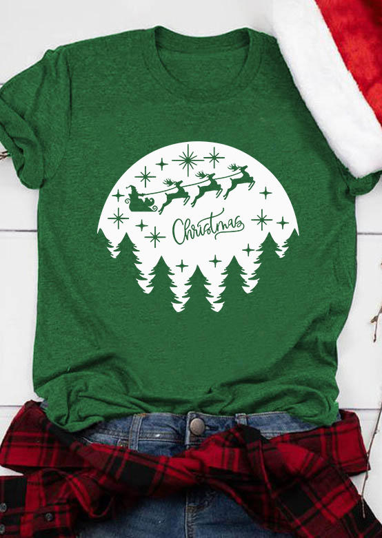 

Christmas Reindeer Santa Claus O-Neck T-Shirt Tee - Green, SCM008457