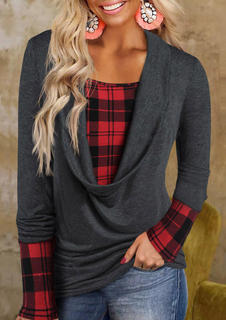 

Plaid Long Sleeve Fake Two-Piece Blouse - Gray, SCM008468