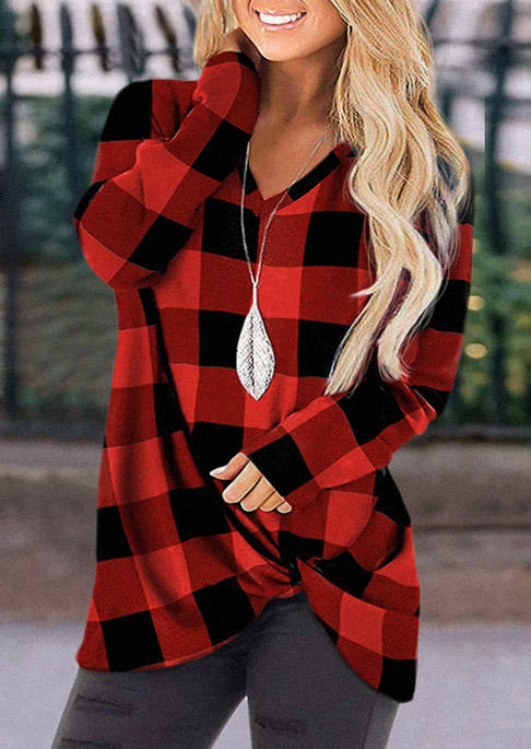 

Plaid Twist Long Sleeve V-Neck Blouse - Red, SCM008476