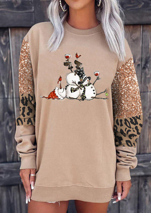 Christmas Snowman Leopard Sweatshirt Mini Dress - Khaki