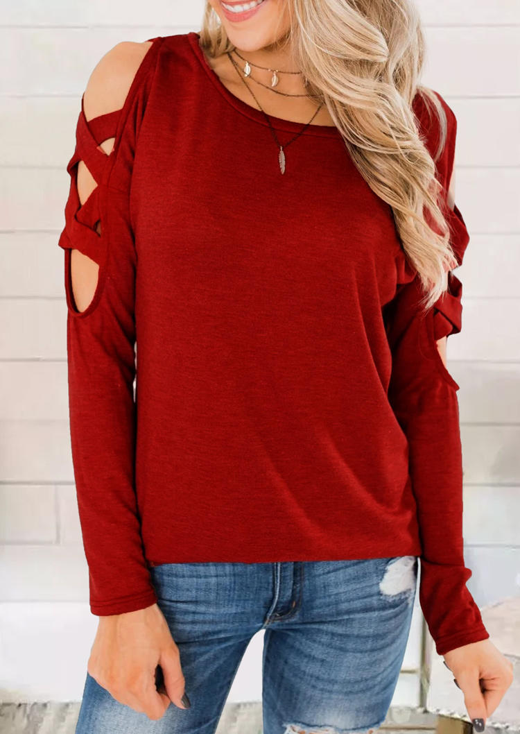 

Criss-Cross Long Sleeve O-Neck Blouse - Burgundy, Red, SCM008570