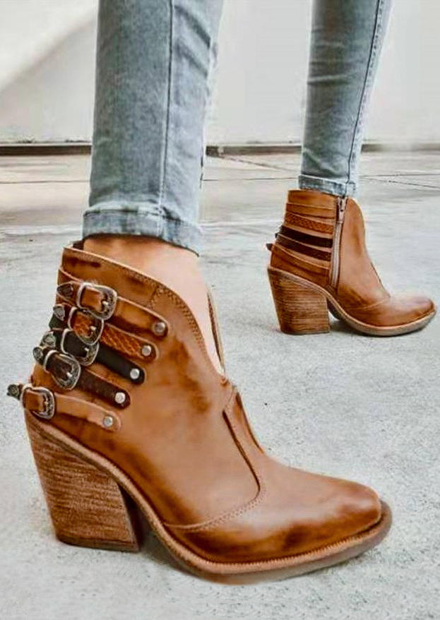 Rivet Zipper Buckle Strap Heeled Boots - Brown