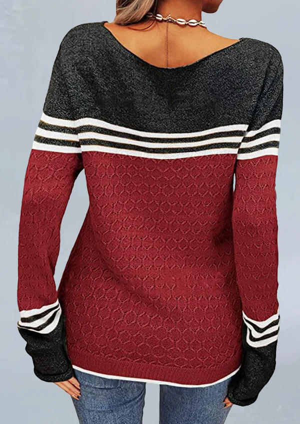 Color Block Striped Long Sleeve Sweater - Burgundy