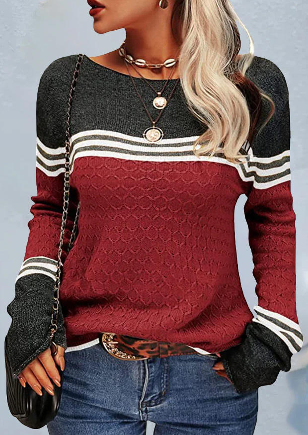 

Color Block Striped Long Sleeve Sweater - Burgundy, Red, SCM008675