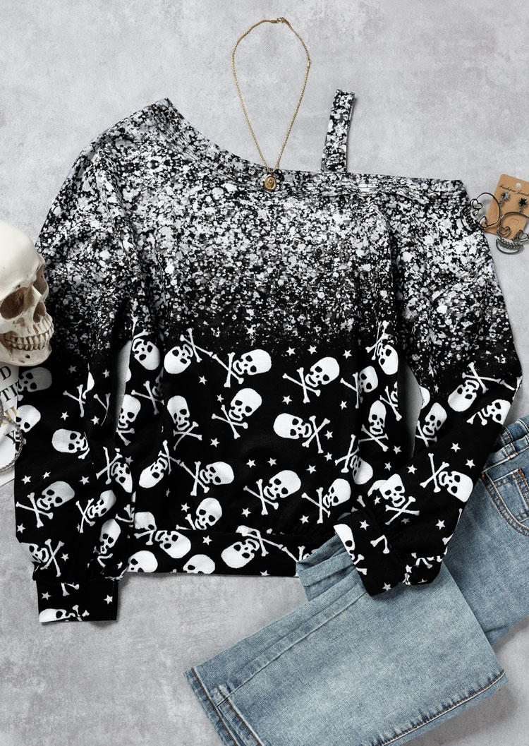 Gradient Glitter Skull Long Sleeve Blouse