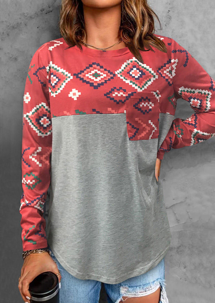 

Aztec Geometric Pocket Long Sleeve Blouse - Red, SCM007544