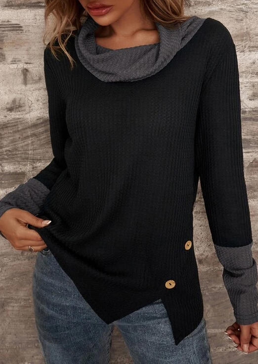 

Color Block Button Cowl Neck Blouse - Black, SCM007714