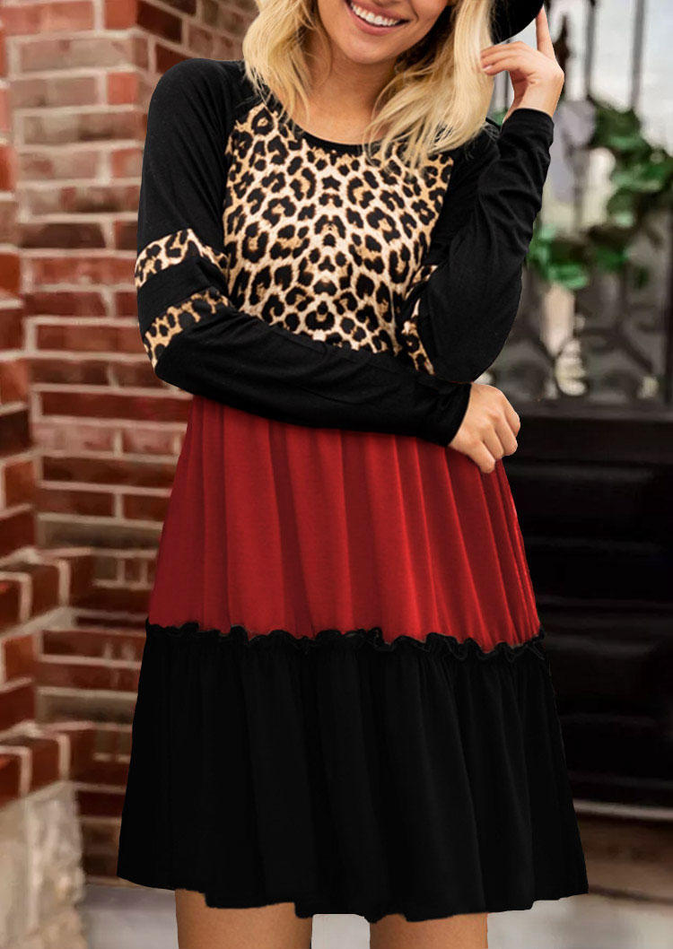 Leopard Color Block Ruffled Mini Dress