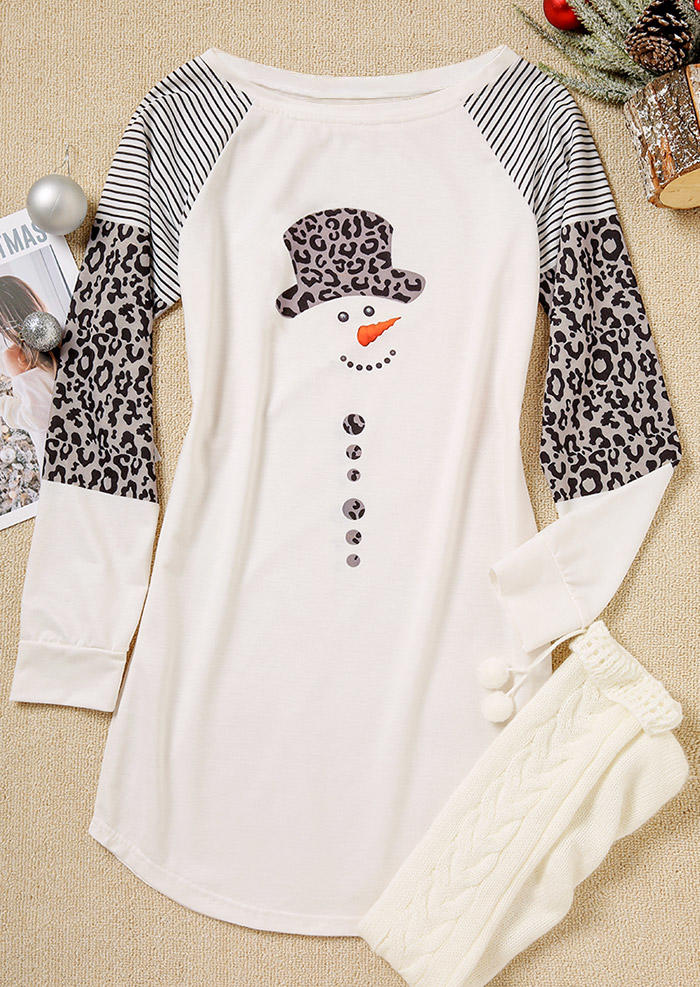 Christmas Snowman Striped Leopard Sweatshirt Mini Dress - White