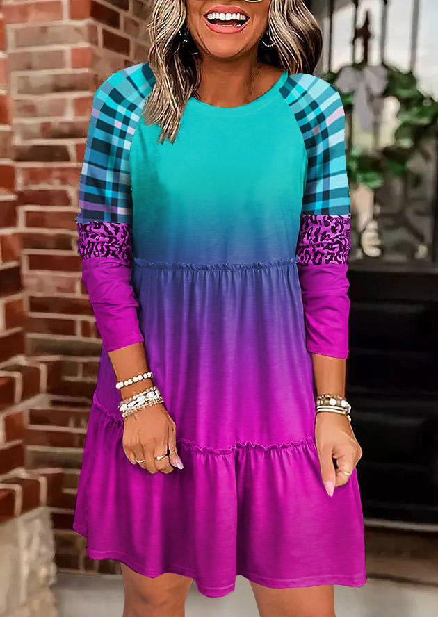 

Gradient Leopard Plaid Ruffled O-Neck Mini Dress, Multicolor, SCM008344