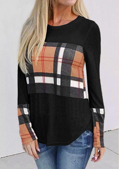 

Plaid Long Sleeve O-Neck Blouse, Black, SCM008374