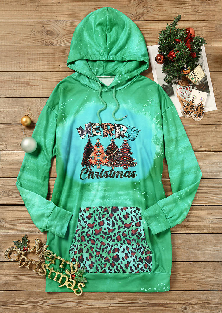 Merry Christmas Tree Leopard Aztec Geometric Tie Dye Hooded Mini Dress - Green