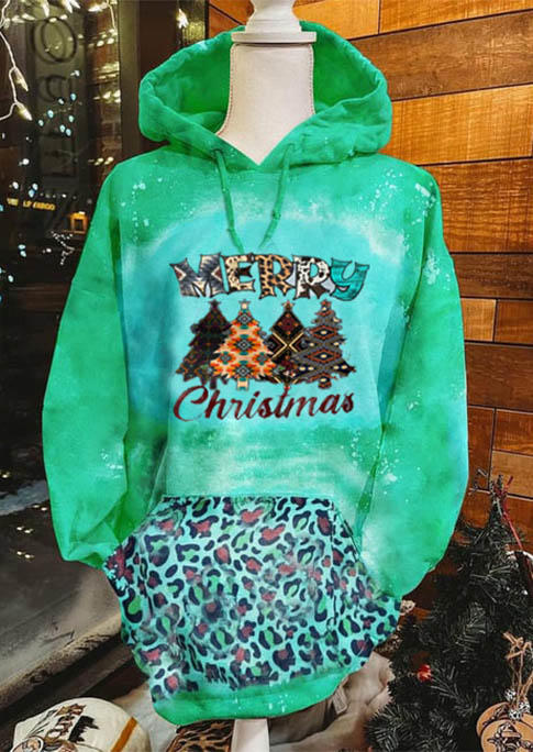Merry Christmas Tree Leopard Aztec Geometric Tie Dye Hooded Mini Dress - Green