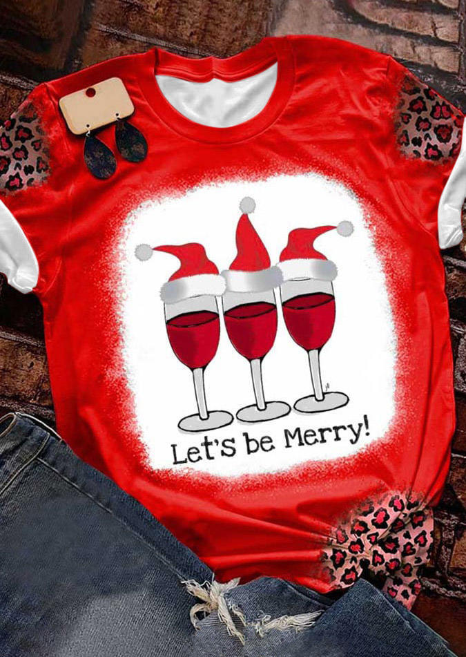 

Christmas Let's Be Merry Hat Leopard T-Shirt Tee - Red, SCM008454