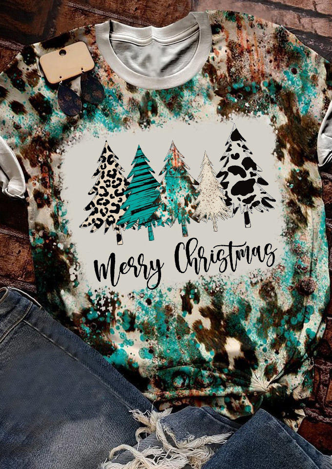 Merry Christmas Cow Leopard Tree Bleached T-Shirt Tee