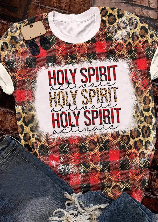 

Holy Spirit Activate Leopard Plaid Bleached T-Shirt Tee - Red, SCM008467