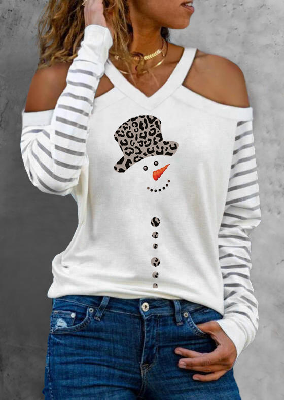 Christmas Snowman Leopard Striped V-Neck Blouse - White