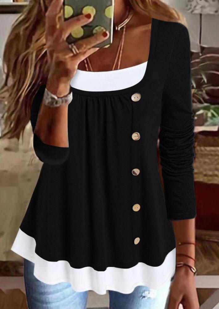 

Side Button Fake Two-Piece Long Sleeve Blouse - Black, SCM008479