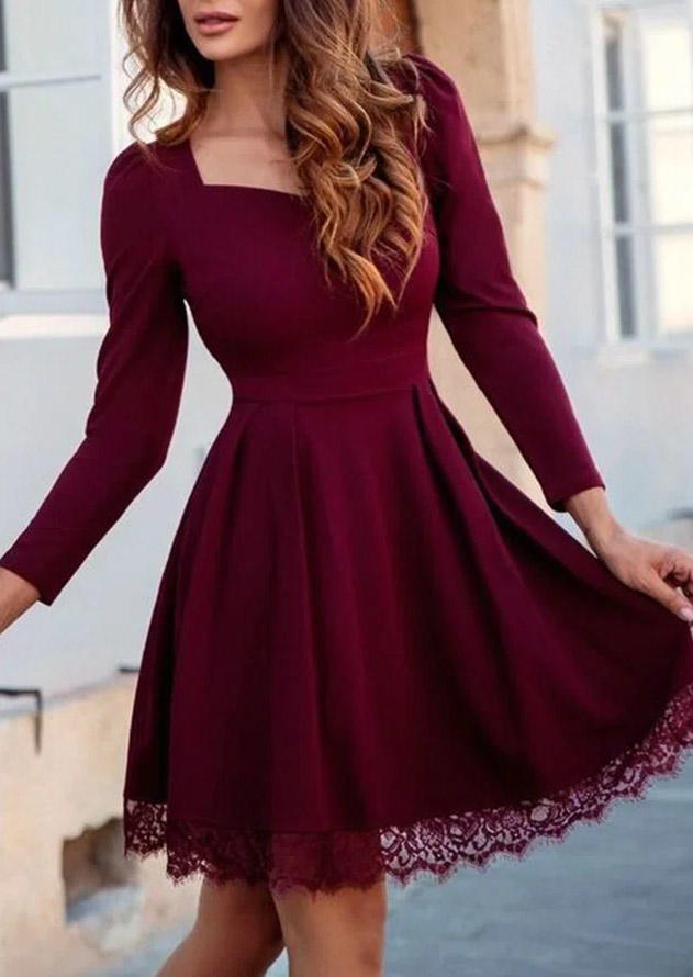 

Lace Splicing Zipper Mini Dress - Burgundy, Red, SCM008601