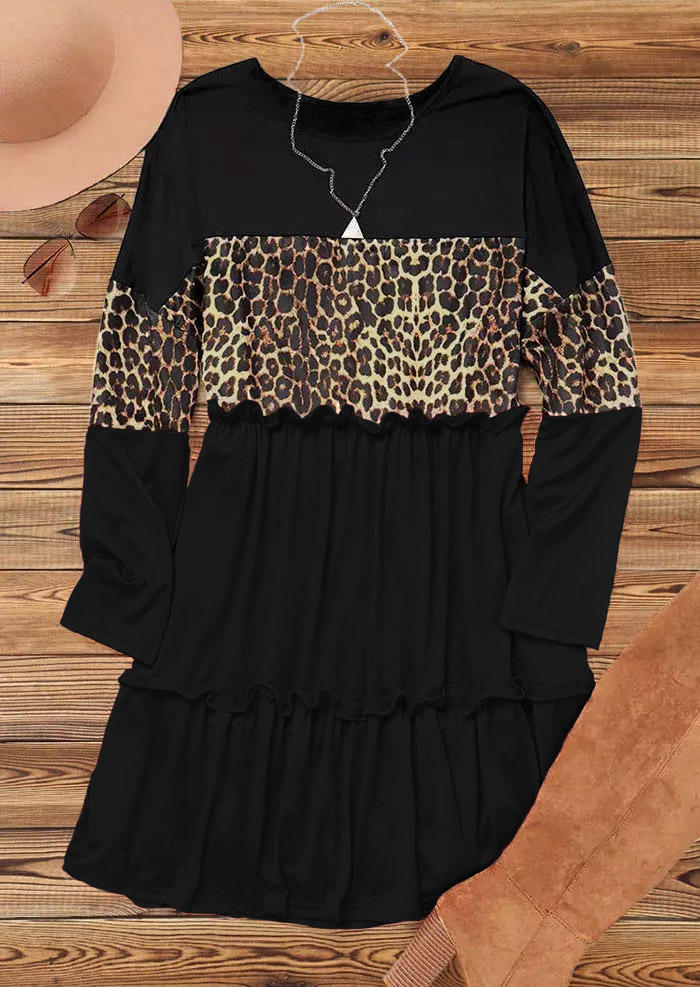 Leopard Color Block Ruffled Splicing Mini Dress - Black