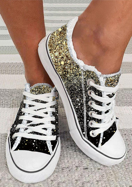 

Gradient Glitter Lace Up Round Toe Flat Sneakers, Gold, SCM009013