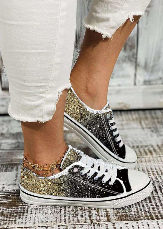 Gradient Glitter Lace Up Round Toe Flat Sneakers