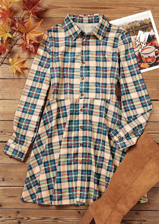 Plaid Button Turn-Down Collar Shirt Mini Dress