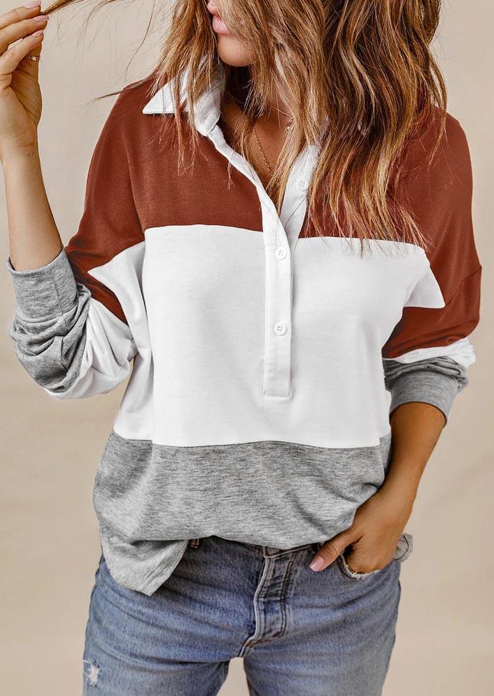 

Color Block Turn-Down Collar Blouse, Multicolor, SCM008140