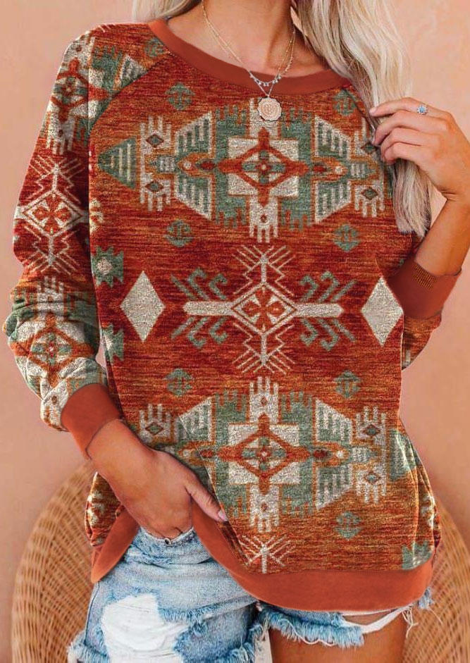 

Aztec Geometric Raglan Sleeve Pullover Sweatshirt, Multicolor, SCM008147