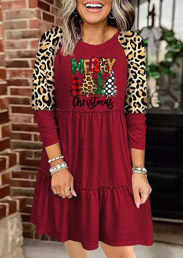 

Merry Christmas Leopard Plaid Tree Ruffled Mini Dress - Red, SCM008178