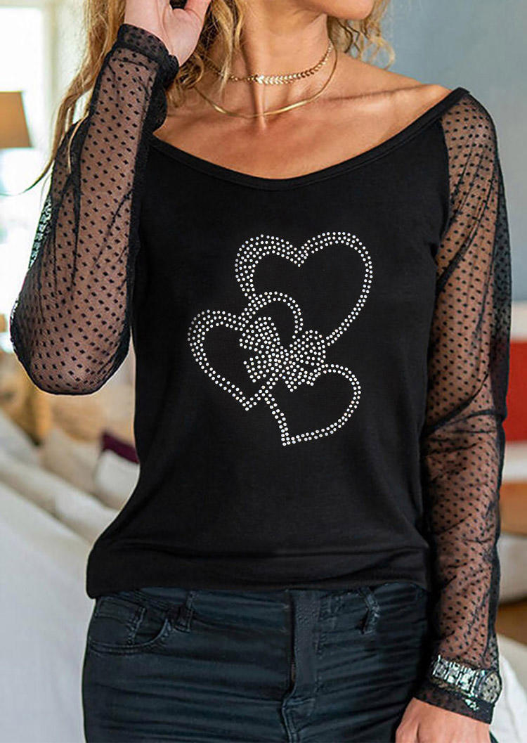 

Heart Rhinestone Mesh Splicing Blouse - Black, SCM008204