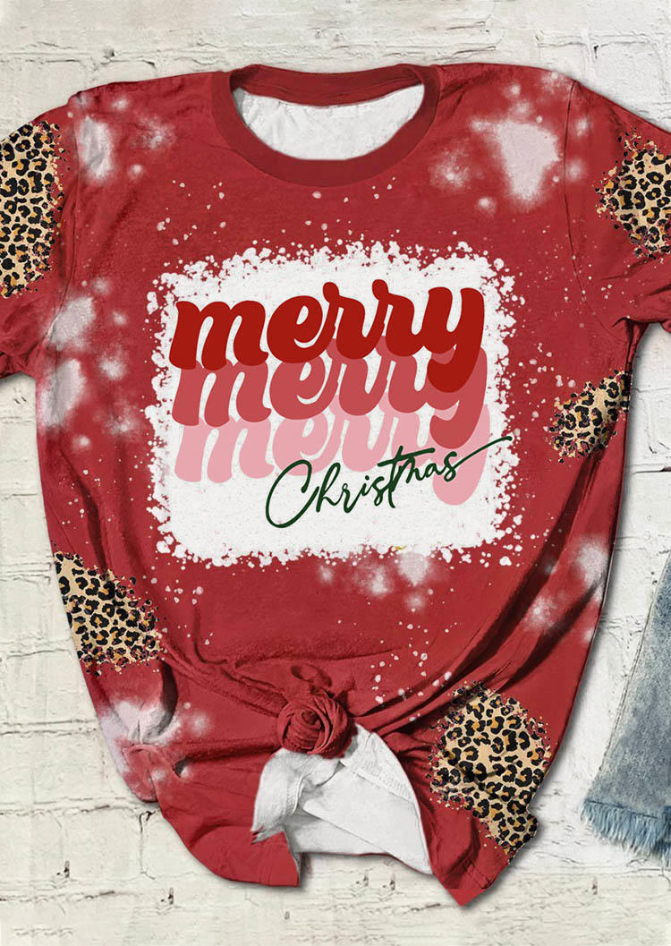 Merry Christmas Leopard Bleached T-Shirt Tee - Red