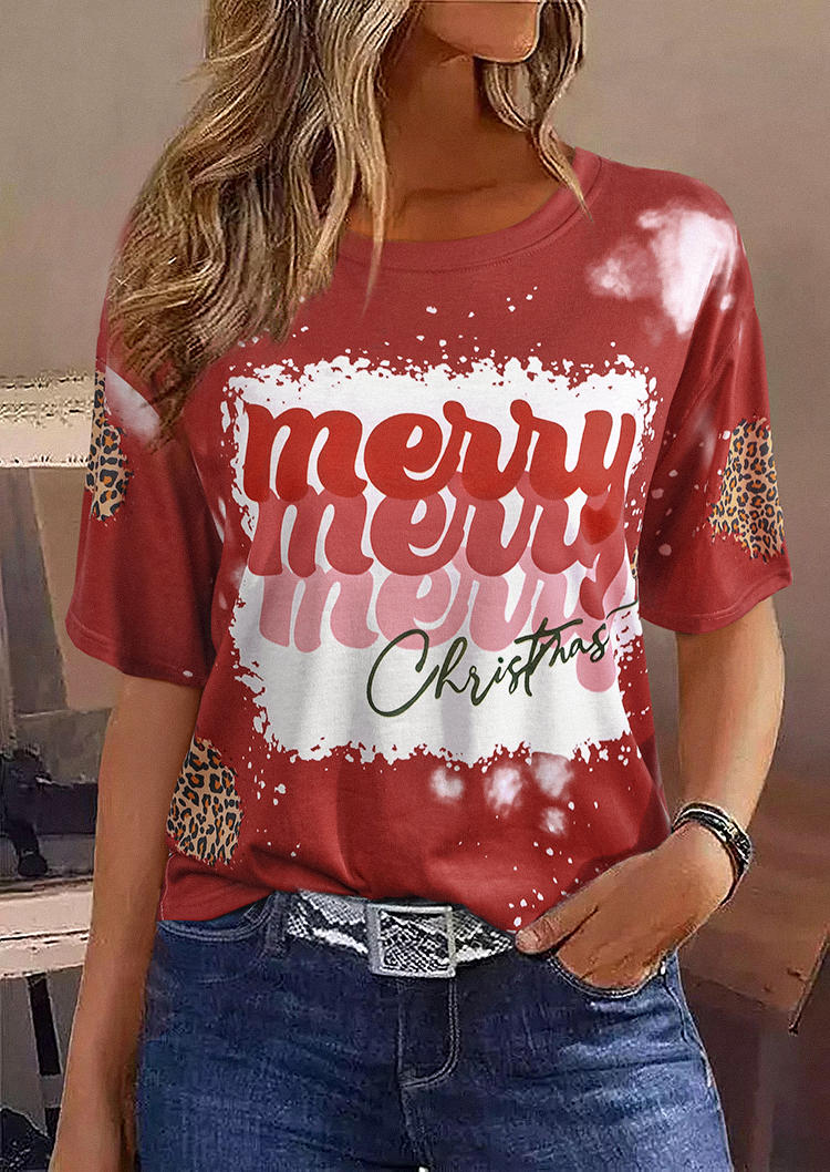 

Merry Christmas Leopard Bleached T-Shirt Tee - Red, SCM008245