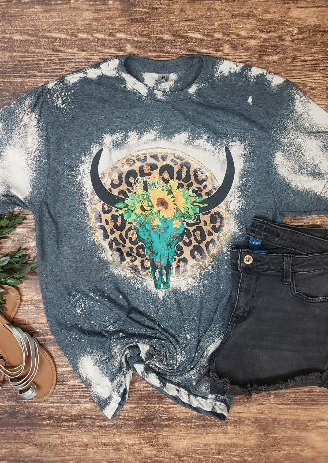 

Leopard Steer Skull Sunflower Bleached T-Shirt Tee - Gray, SCM008400