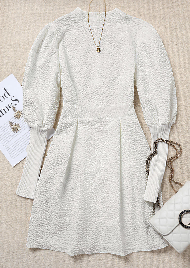 Zipper Puff Sleeve Turtleneck Mini Dress - White