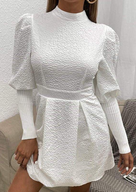 Zipper Puff Sleeve Turtleneck Mini Dress - White