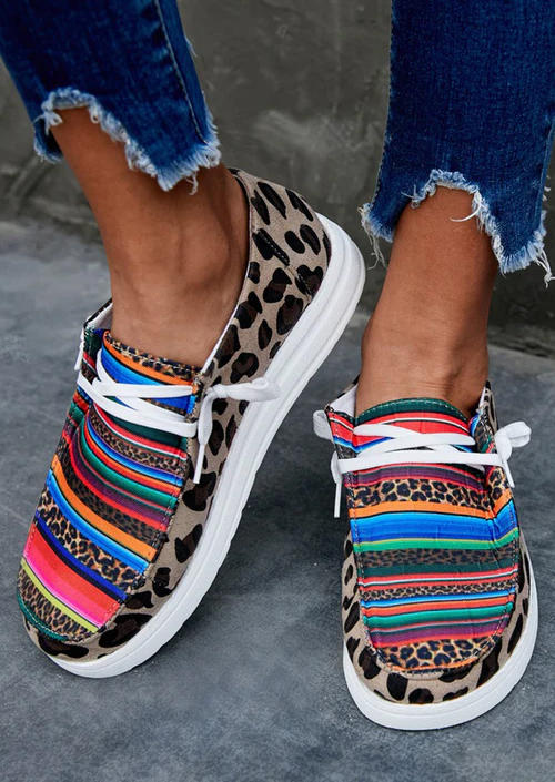 

Leopard Serape Striped Round Toe Flat Sneakers, Multicolor, SCM008513