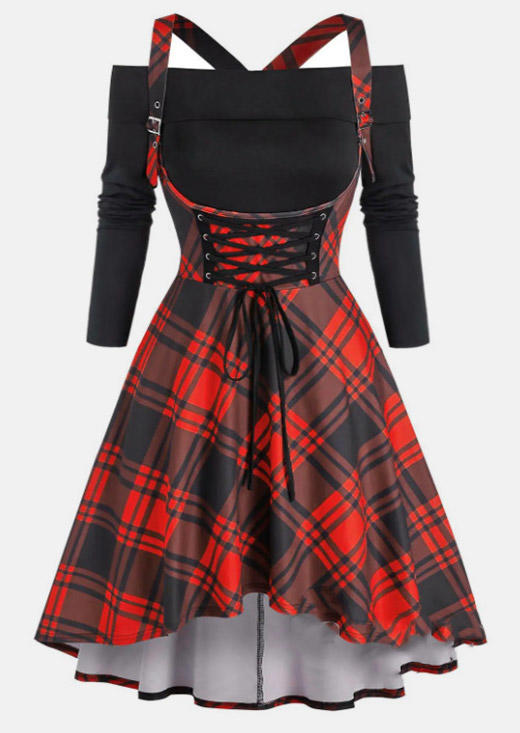 Plaid Buckle Strap Criss-Cross Mini Dress - Red