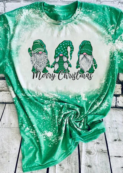

Merry Christmas Gnomies Bleached T-Shirt Tee - Green, SCM008544