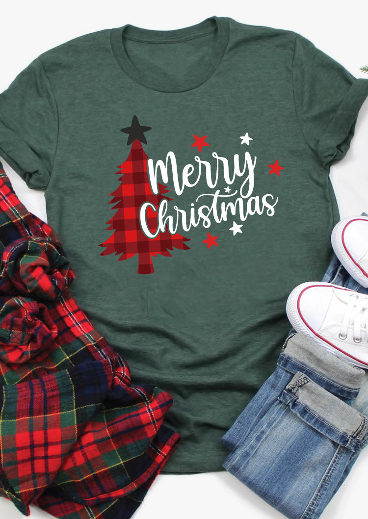 

Merry Christmas Tree Plaid T-Shirt Tee - Green, SCM008552