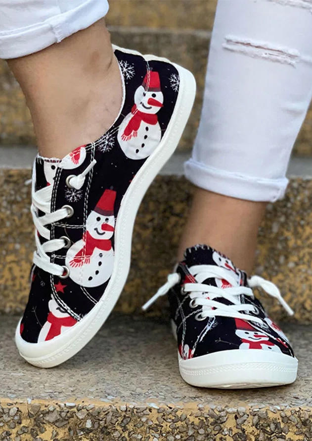 

Christmas Snowman Snowflake Round Toe Flat Sneakers - Black, SCM008625