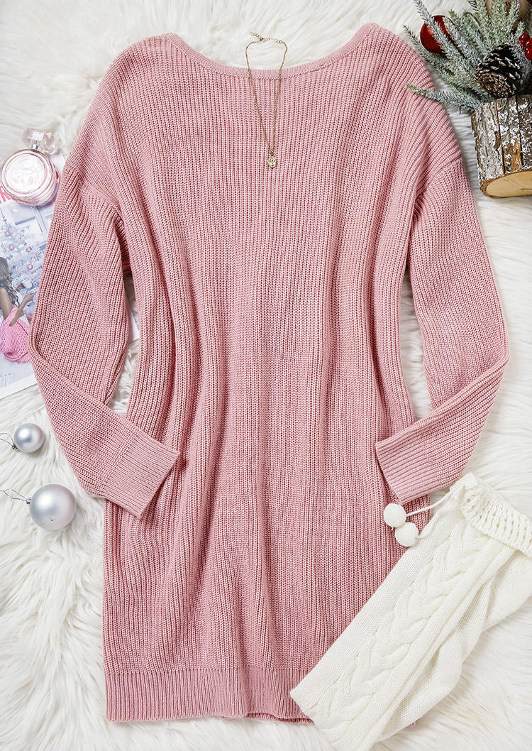 Lace Up Long Sleeve Sweater Mini Dress - Pink